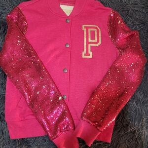 PINK Victoria's Secret Hot Pink Sequin Sleeve Varsity Jacket